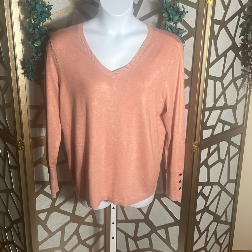 JM Collection V-neck Sweater, Dusty Rose, XL